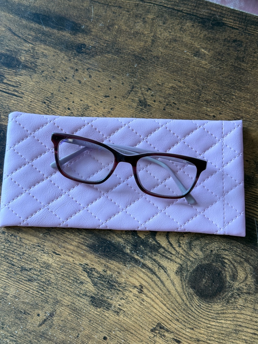 Women’s Pink Quilted Eyeglass Case with Burgundy Reading Glasses